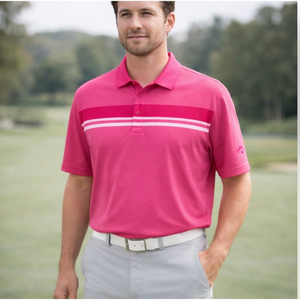 Callaway Opti-Dri Pink Striped Performance Golf Polo Shirt Men's Size L Preppy‎